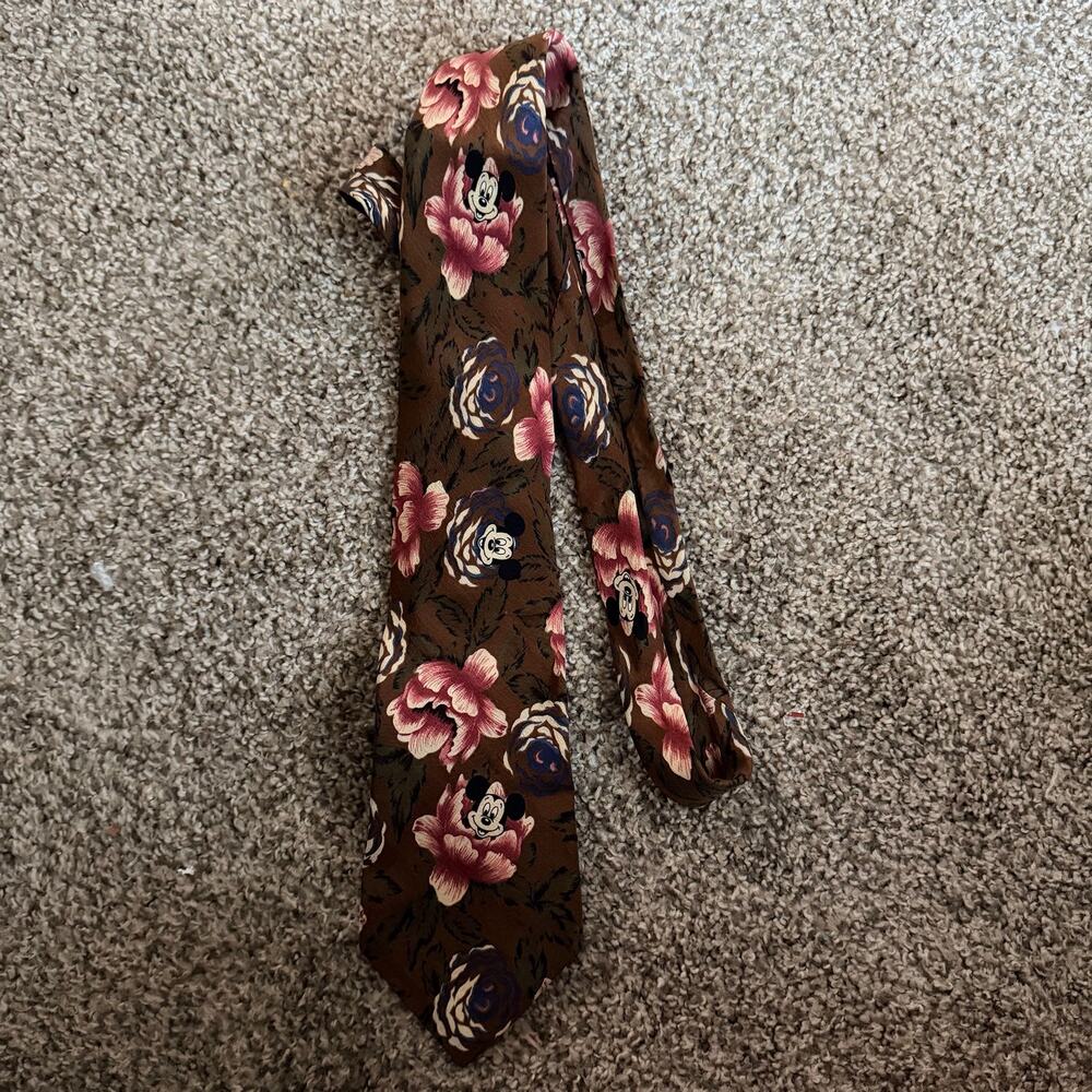 Vintage Walt Disney Mickey Mouse Floral Men's Silk Neck Tie Brown